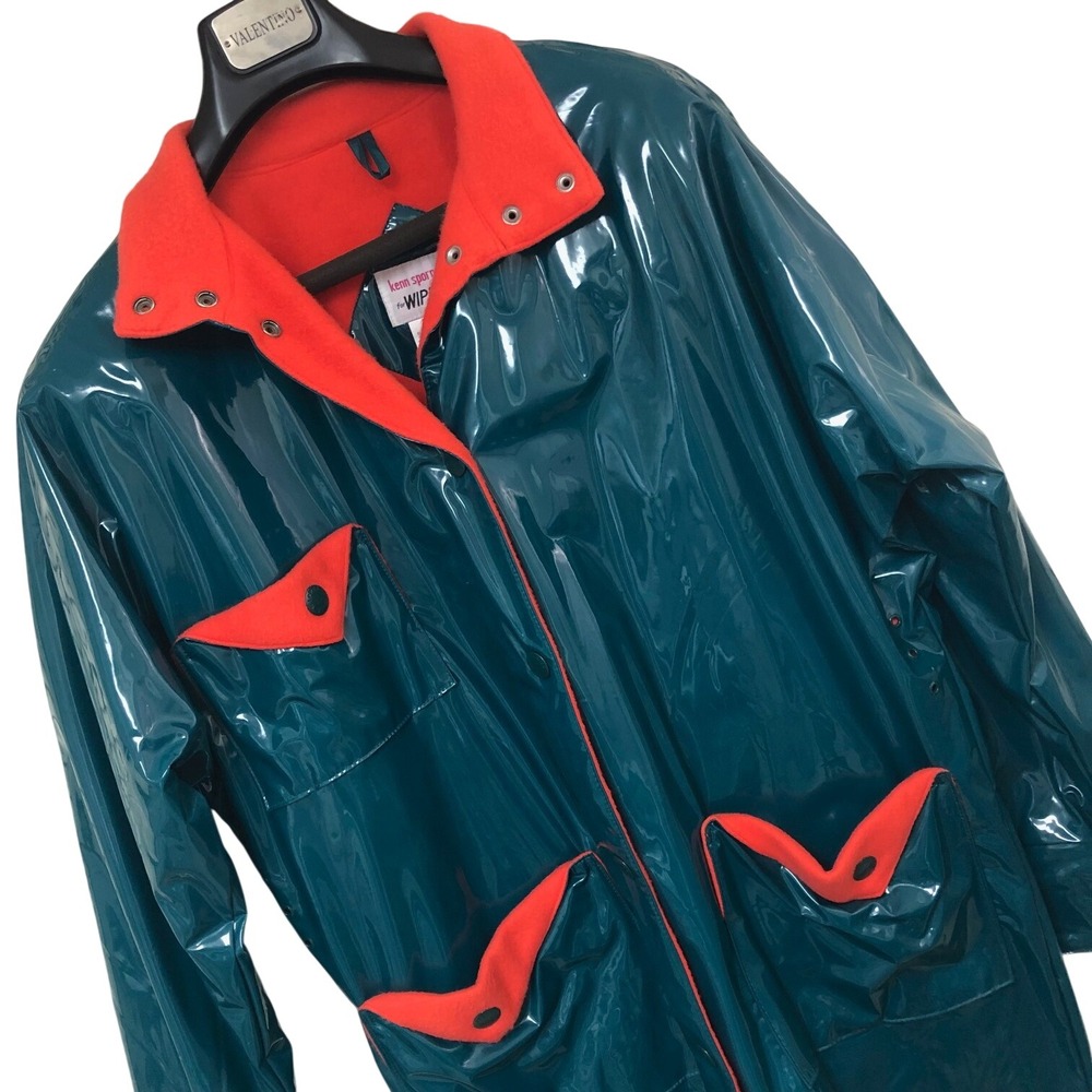 Vintage Kenn Sporn Wippette Womens Vinyl Trench Stadium Coat Teal Fleece Lined M